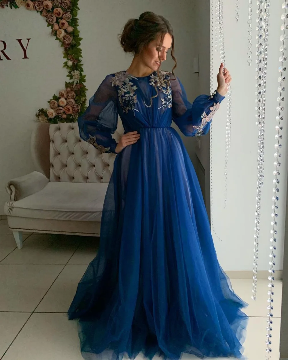 Robe de soiree Дубай Королевская Синяя Длинные рукава Вечерние платья Длинные Abiye Золотые Аппликации мягкий тюль вечернее платье