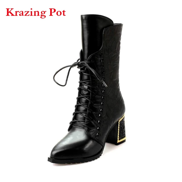 Genuine Leather Women's Pointed Toe Stiletto Heel Lace Up Mid Calf Handmade Boot with Rivets Genuine Leather Women's Pointed Toe Stiletto Heel Lace Up Mid Calf Handmade Boot with Rivets