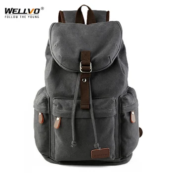 

Wellvo Men Canvas Bucket Backpack Students School Bag Casual Luggage Laptop bags Travel Large Capacity Rucksack Mochila XA91WC