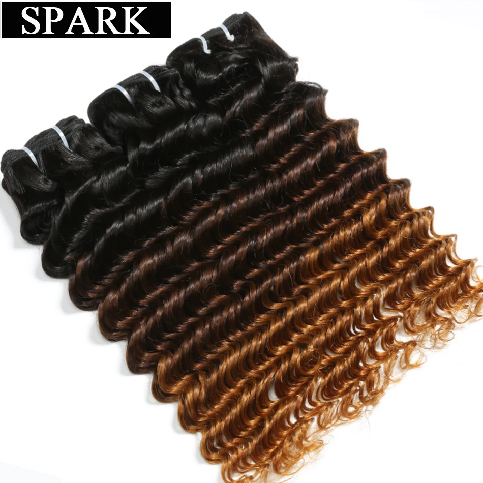 Spark Ombre Brazilian Deep Wave Human Hair Weave Bundle Deals 1/3/4 Pieces Remy Human Hair Extensions 1B/4/30 Color Double Weft