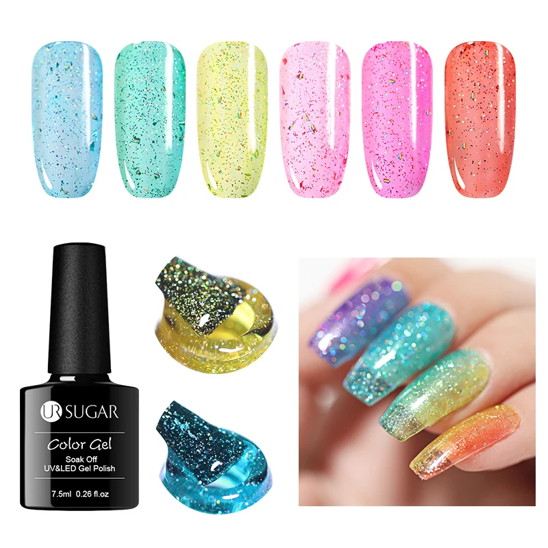 

UR SUGAR 7.5ml Holographic Jelly Gel Polish Summer Pink Colorful Glitter Crystal Gel Soak Off Nails UV Gel Lacquer Varnish