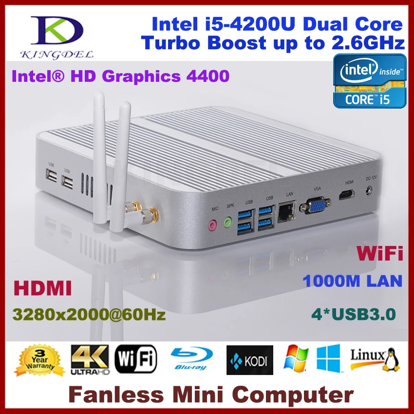 Kingdel Intel i5-4200U мини-компьютер, HTPC, 2 Гб оперативной памяти, 32 Гб SSD, USB 3,0, без вентилятора, WiFi, 3280*2000, Blue-ray, DirectX 11 поддерживается