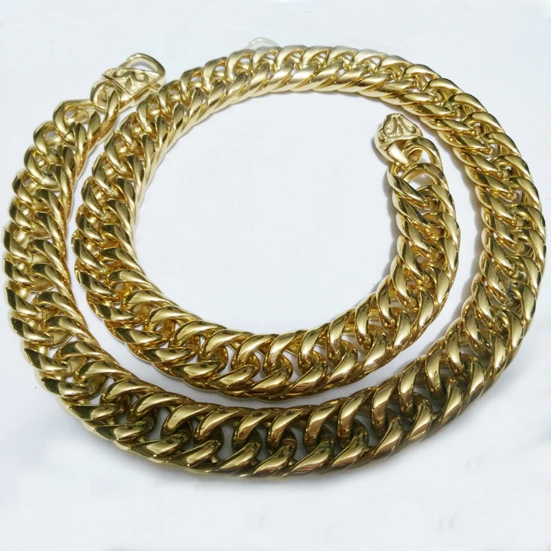 

Mens Rock Roll Heavy High Quality Gold Tone Stainless Steel Wide Curb Chain Necklace 16mm 18in-40in