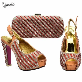 

Pretty orange high heel party sandal shoes and bag set with rhinestones 898-2 heel height 12cm