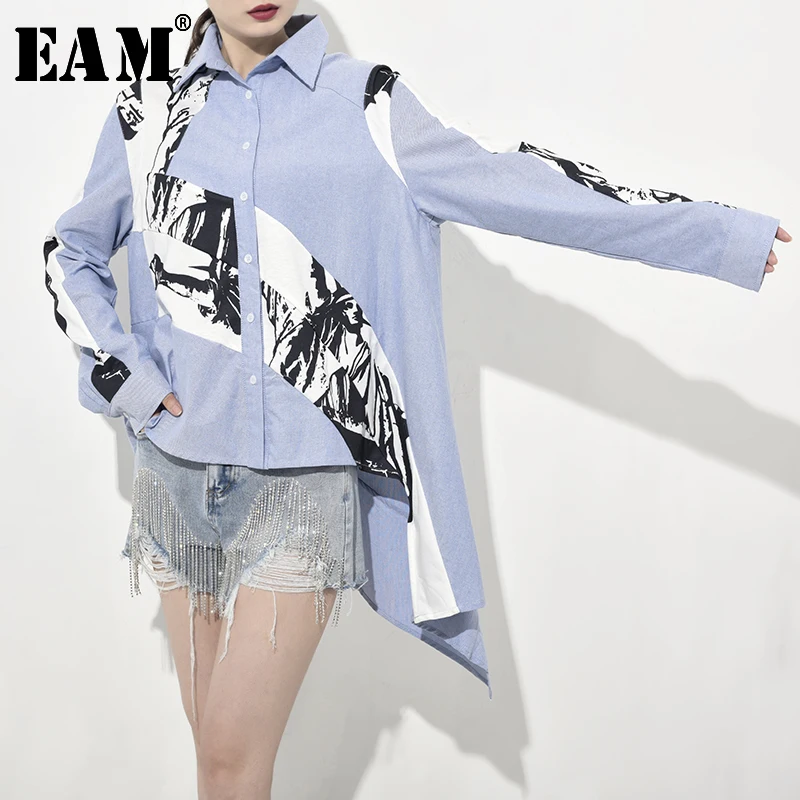 

[EAM] 2019 New Summer Autumn Lapel Long Sleeve Patten Printed Irregular Loose Big Size Shirt Women Blouse Fashion Tide WG7260