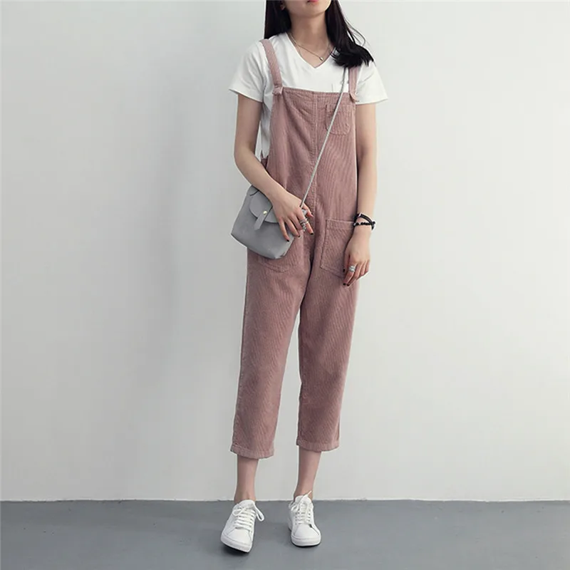 Для женщин Corduroy Overall комбинезон с карманом Повседневное Демисезонный ботильоны Длина брюки комбинезон Однотонная одежда