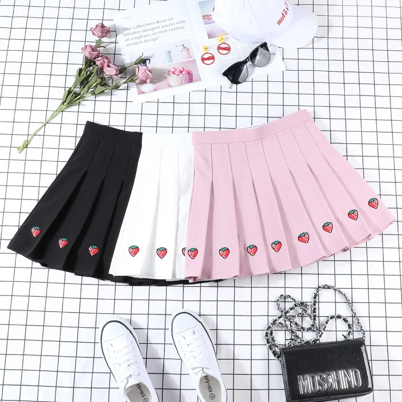 Women Pleat Skirt Harajuku Preppy Style Strawberry Print Skirts Mini Cute Japanese School Uniforms Ladies Jupe Kawaii Skirt