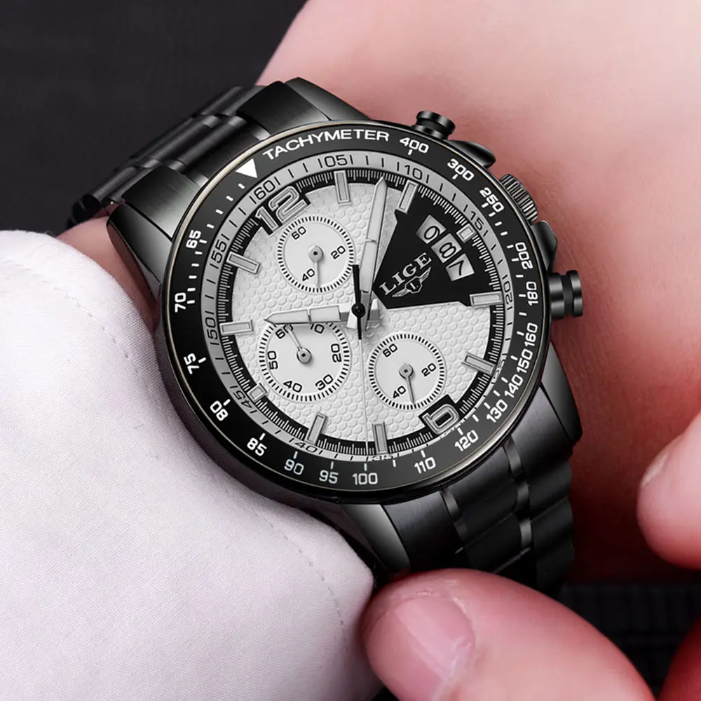 LIGE Men Full Steel Watches Male Fashion Sports Watch Black Quartz Clock Man Military Waterproof Wristwatches Relogios Masculino
