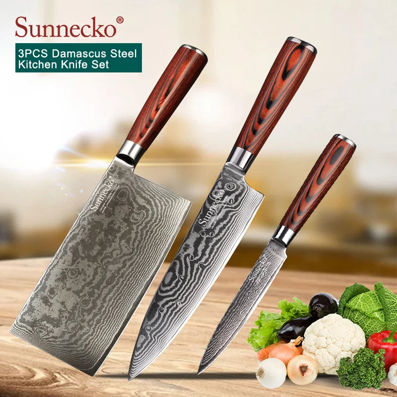 

SUNNECKO 3PCS Kitchen Knives Set Cleaver Utility Chef Knife Japanese Damascus VG10 Steel Sharp Pakka Wood Handle Cutting Tools