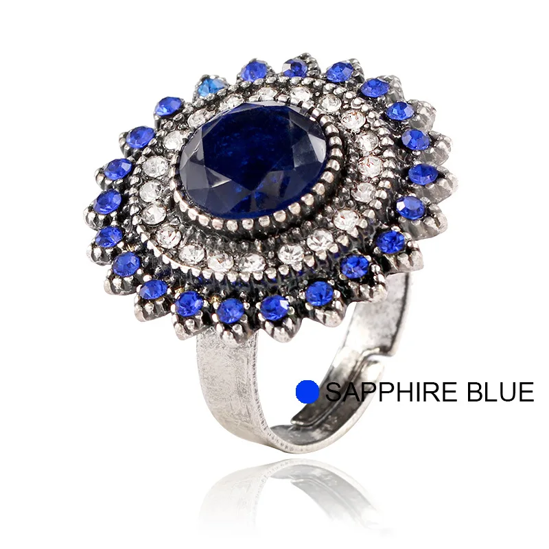 5 цветов Роскошные женские кольца черный синий камень кольцо Античный Серебристый Круглый Открытый регулируемый Бохо массивные вечерние индийские ювелирные изделия - Цвет основного камня: blue