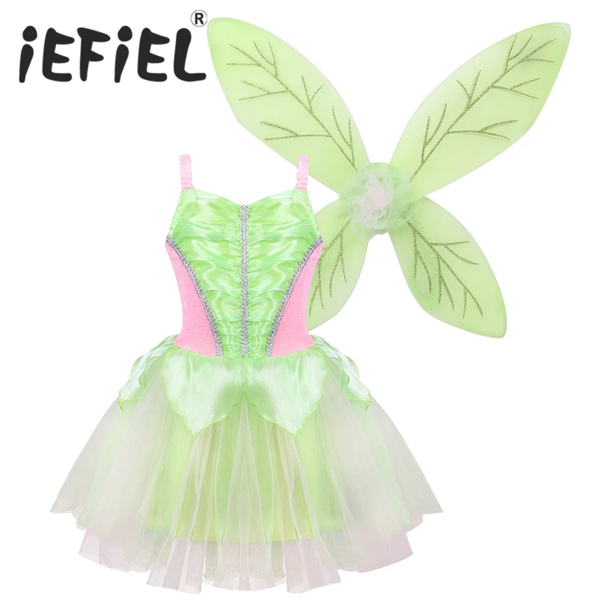 

Kids Children Girls Fairy Princess Tutu Costume Sleeveless Mesh Dress with Glittery Wings for Halloween Dress Up Cosplay Party