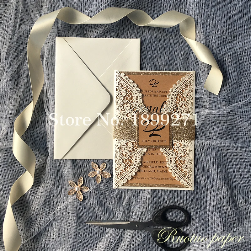 Ivory Lace Laser Cut Wedding Invitations With rose gold gillter ribbon/backgroud Rectangle Wedding Die Cut Laser Cut Traditional