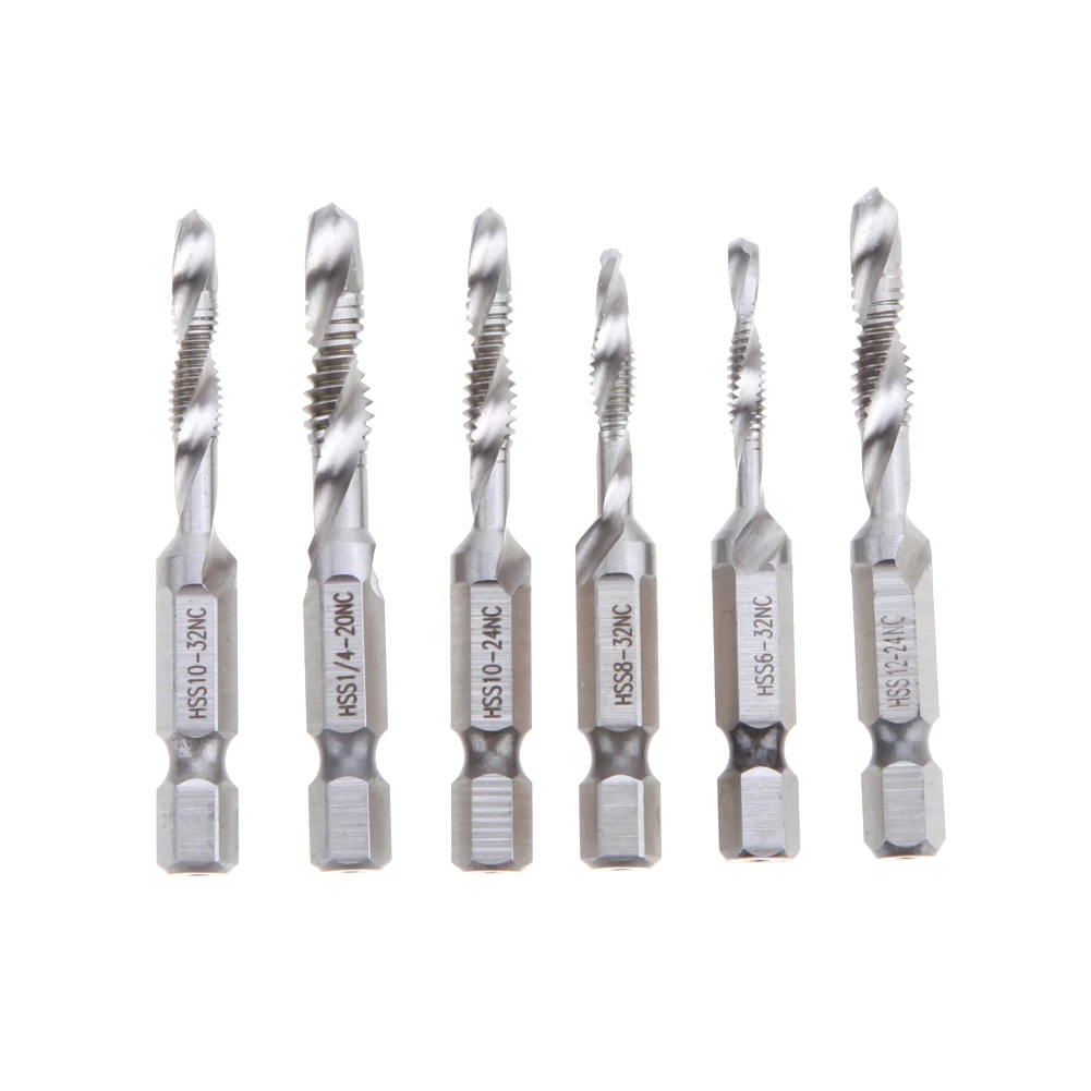 

6Pcs 1/4'' Hex Shank Countersink Deburr Set Metric Combination Bit HSS Screw Spiral Point Tap Drill Bit 3.5mm-6.35mm NC SAE