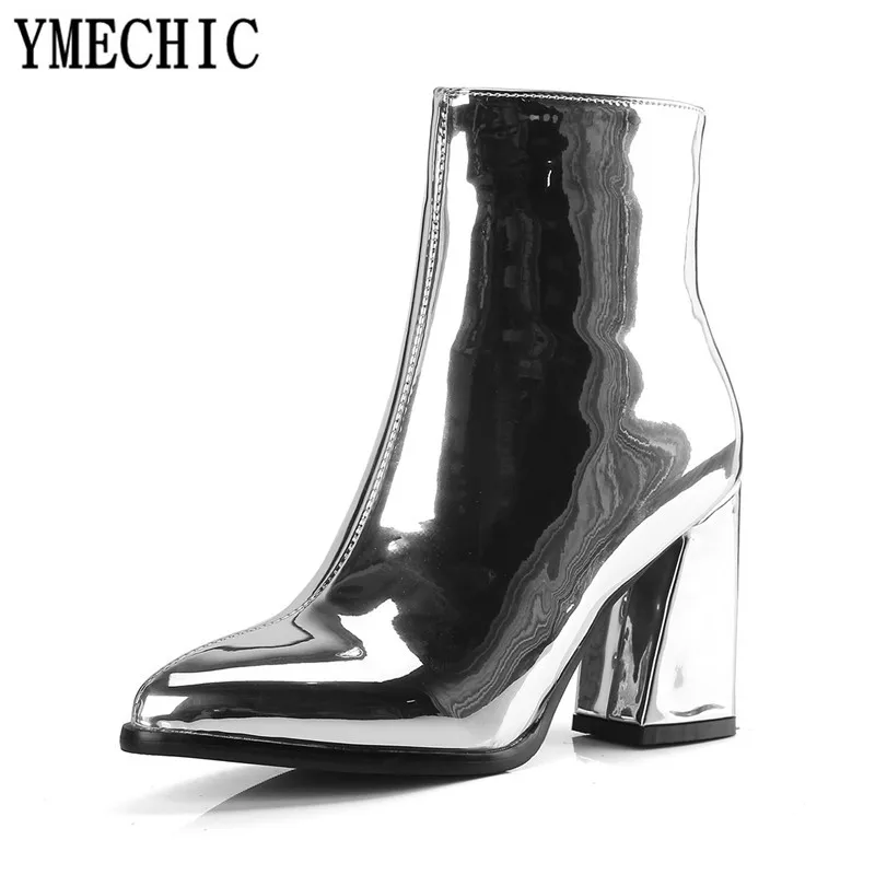 YMECHIC/2018 Модные женские ботильоны из лакированной искусственной кожи с зеркальным