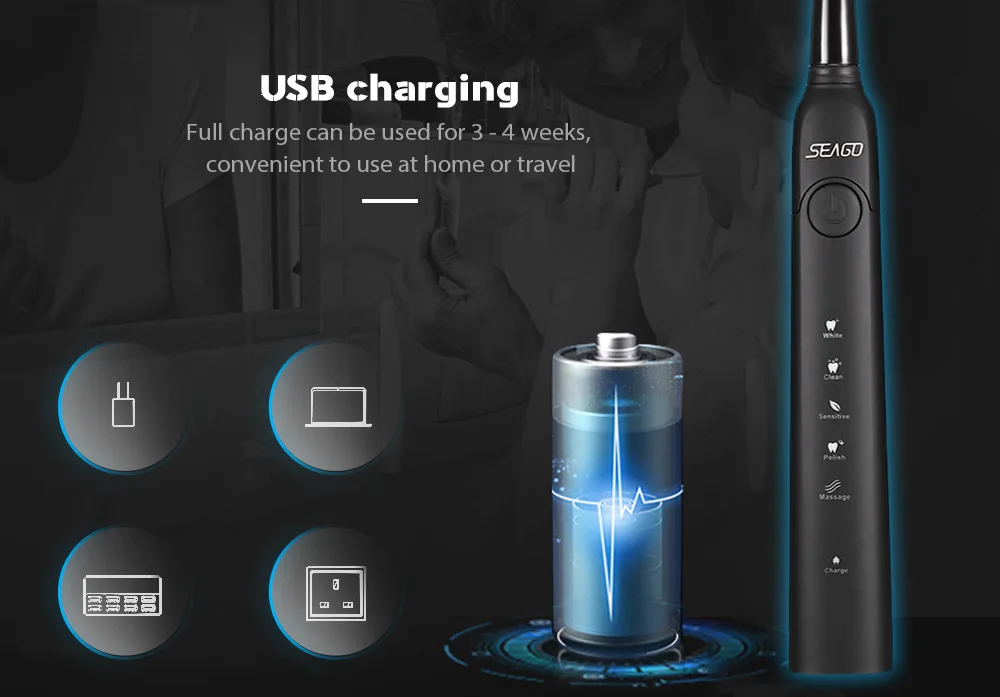 SEAGO SG - 949 Sonic Electric Toothbrush with Smartimer 5 Brushing Modes 3 Brush Heads