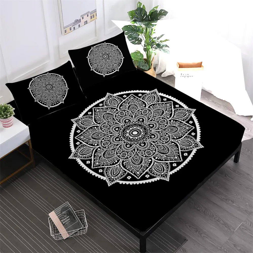 Bohemia Mandala Sheet Set Floral Fitted Sheet King Queen Flat Sheet Pillowcase Deep Pocket Bedding Bedroom Decor 3/4Pcs D40