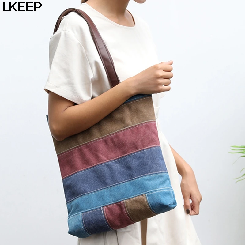 

Canvas Bag Brand Women Handbag Patchwork Casual Women Shoulder Bags Shopping Beach Bag High Capacity Foldable Reusable