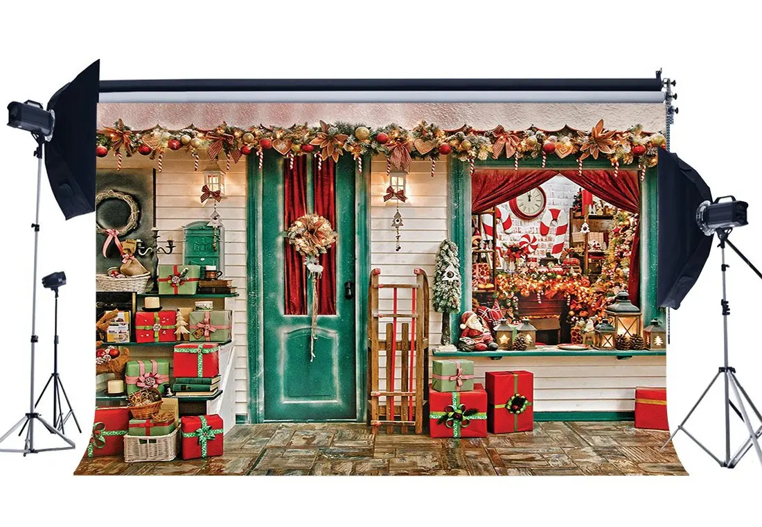 

Photography Backdrop Christmas Gifts Santa Calus Shop Sled Candy Cane Ornaments Xmas Backdrops Background