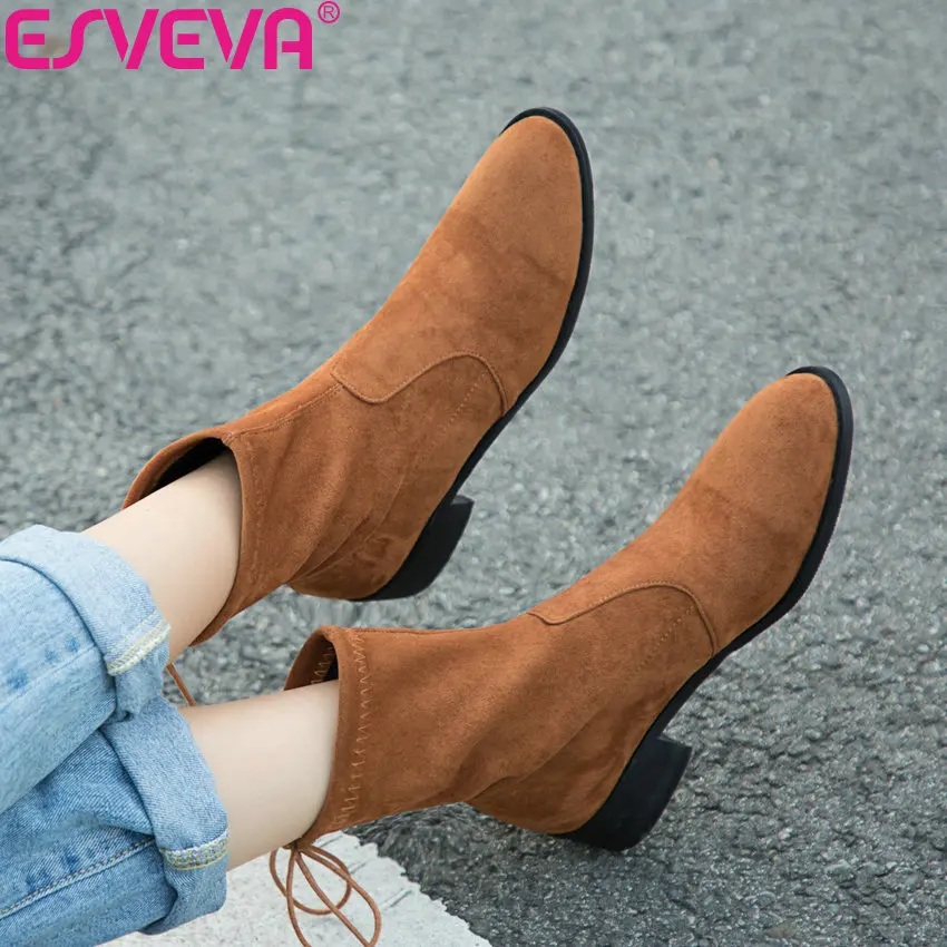 

ESVEVA 2019 Winter Boots Woman Brown Shoes Lace Up Women Ankle Boots Square Med Heels Sewing Solid Shoes Round Toe Size 34-43