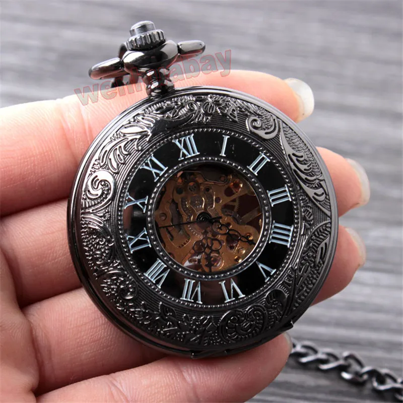 Kopen Vintage Black Mechanisch Zakhorloge Mens Classic Elegant Hollow Skeleton Hand wind Retro Mannelijke Klok Hanger Fob Horloges