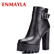 women boots punk Buckle Round Toe High boots Square heel Ankle boots for women platform Martin boots BIG SIZE 34-42 prova perfetto punk black leather ankle boots woman round toe rivet belt buckle square med heel shoes women fashion martin boots