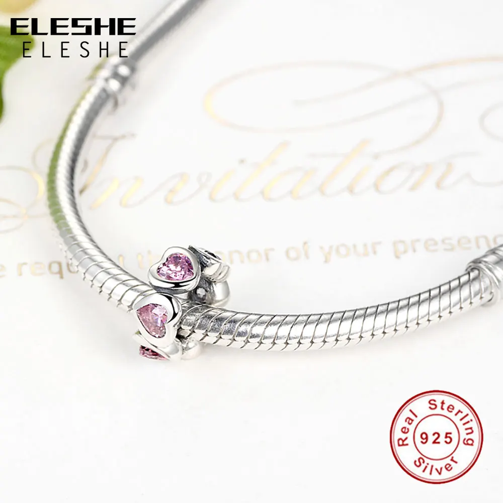 ELESHE Authentic 925 Sterling Silver Sparkling HEARTS SPACER Beads Charm Fit Original ELESHE Bracelet for Women DIY Jewelry