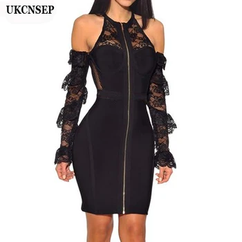 

2020 Women Sexy Summer Dresses Long Lace Sleeve O Neck Mesh Grid Hollow Out Zipper Bodycon Vestidos Bandage Dress Party Dress