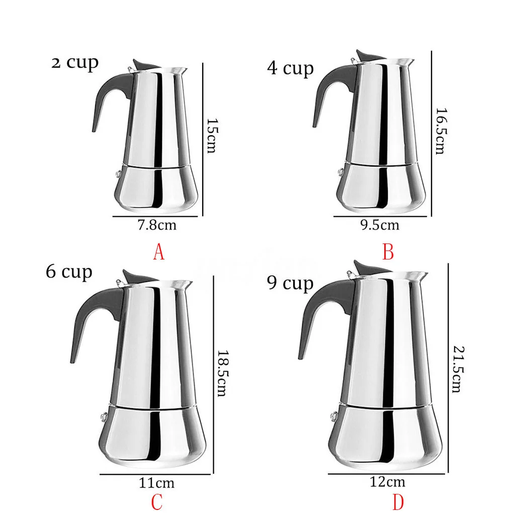 Нержавеющая сталь широкое дно кофейник для Moka Эспрессо чайник 100 мл(2 чашки)+ 200 мл(4 чашки)+ 300 мл(6 чашек)+ 450 мл(9 чашек) 7,7# 5