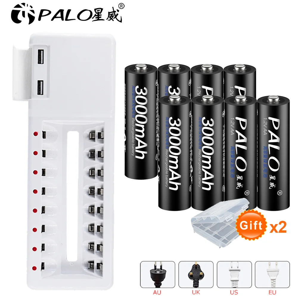 

PALO 8pcs AA 1.2V Ni-MH rechargeable battery+2 USB interface battery charger for AA AAA Ni-CD Ni-MH 1.2V rechargeable battery