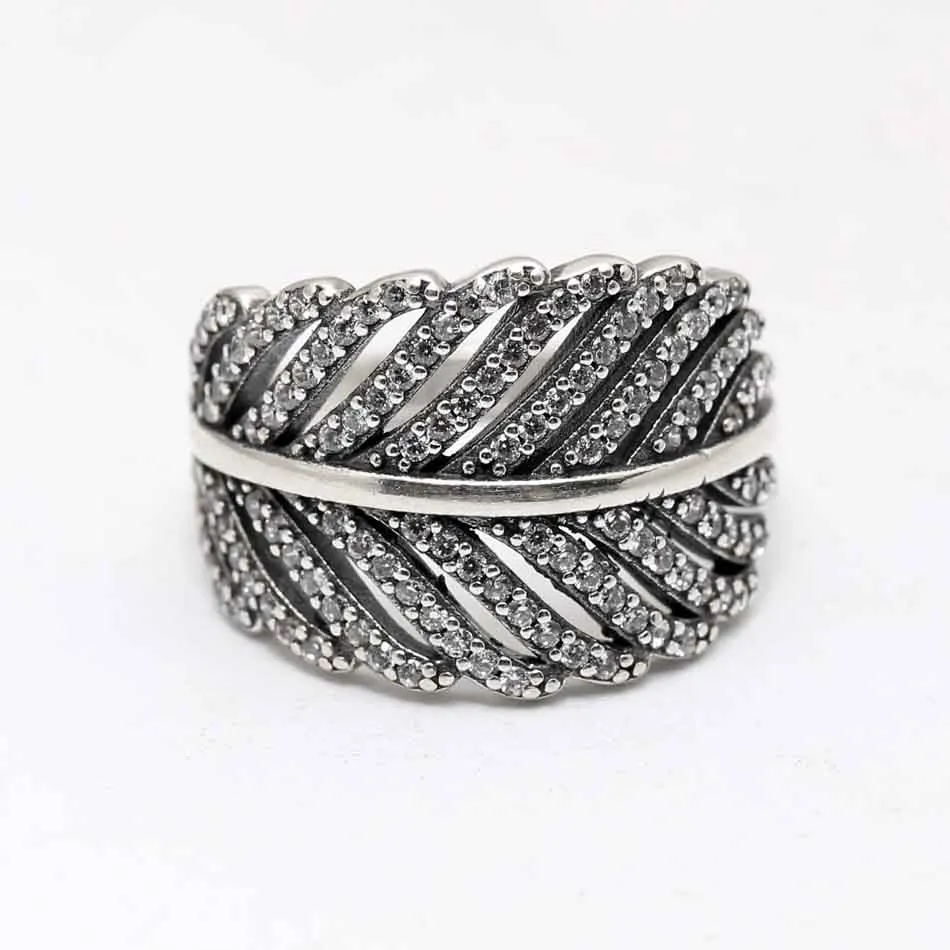 

Authentic 925 Sterling Silver Ring Vintage Forever Feather With Crystal Ring For Women Wedding Party Gift Fine Pandora Jewelry