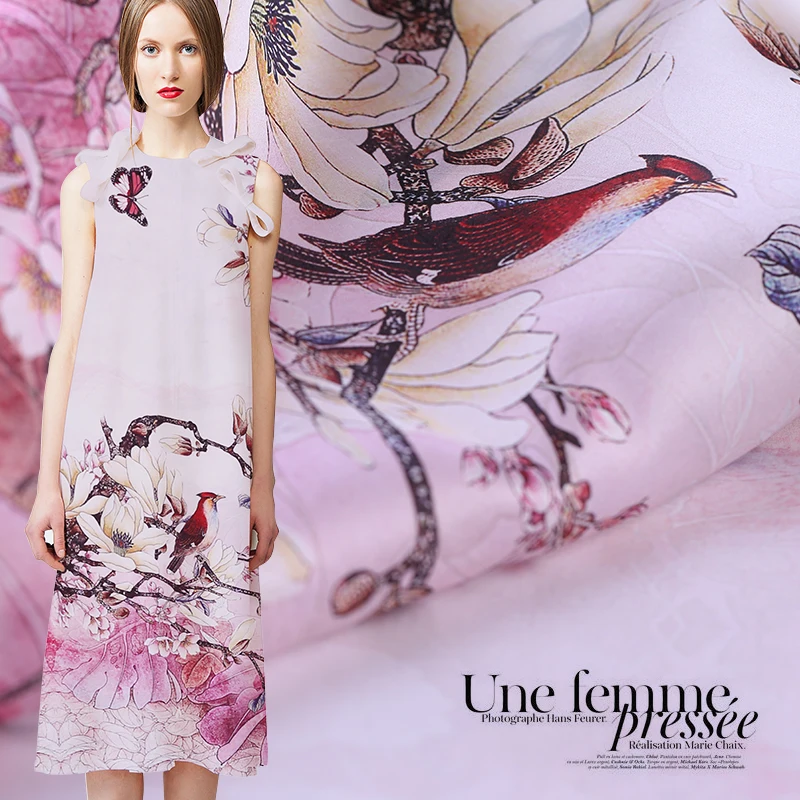 

Magnolia digital inkjet silk organza satin fabric crisp translucent fashion dress chinese silk fabric wholesale silk cloth