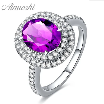 

AINUOSHI Natural Amethyst Double Halo Ring 3ct Oval Cut Gems Engagement Party Women Jewelry 925 Sterling Silver Geometric Ring