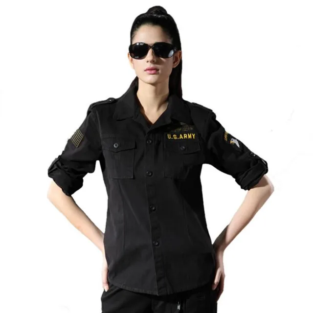 New 2017 Women Military Shirts Long Sleeve Cotton Army Shirts Chest