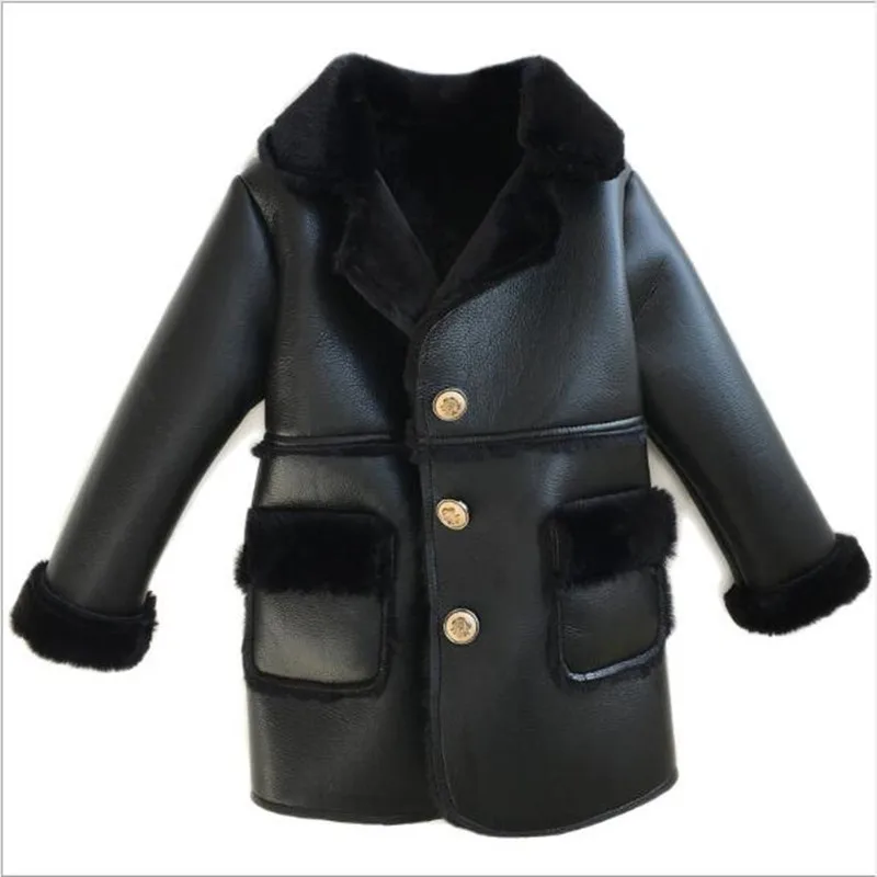 

Winter Children Faux Leather Suede Coat Black PU Leather Jacket Lambs Wool Fur Collar Long Jackets Shearling Coats 90-150cm QV25
