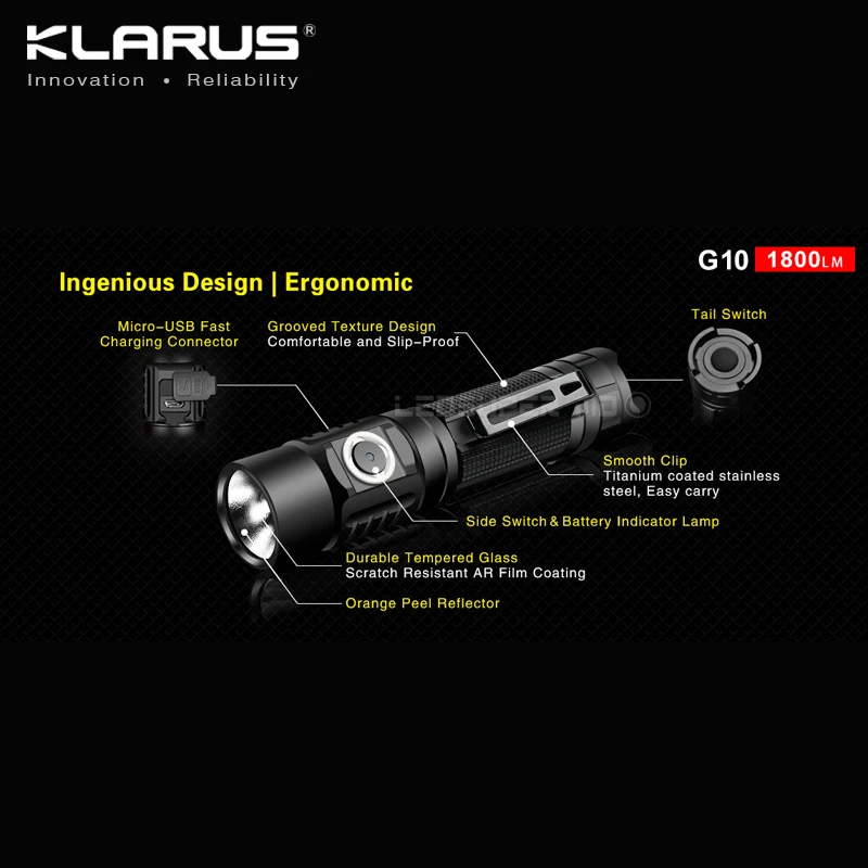 KLARUS G10 1800 люмен микро-USB Перезаряжаемый умный мощный фонарик с 3600 мАч 18650 батареей