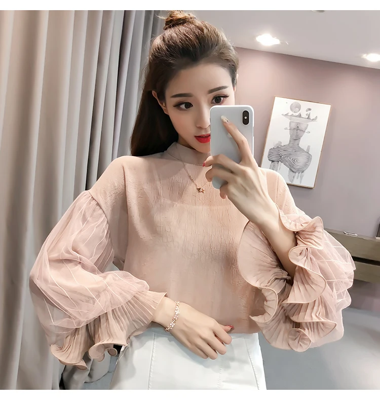 

2018 Summer Women Top Long Sleeve Elegant White Lace Blouse Femme Hollow Out Ladies Office Shirt Lantern Sleeve blusas 800F3