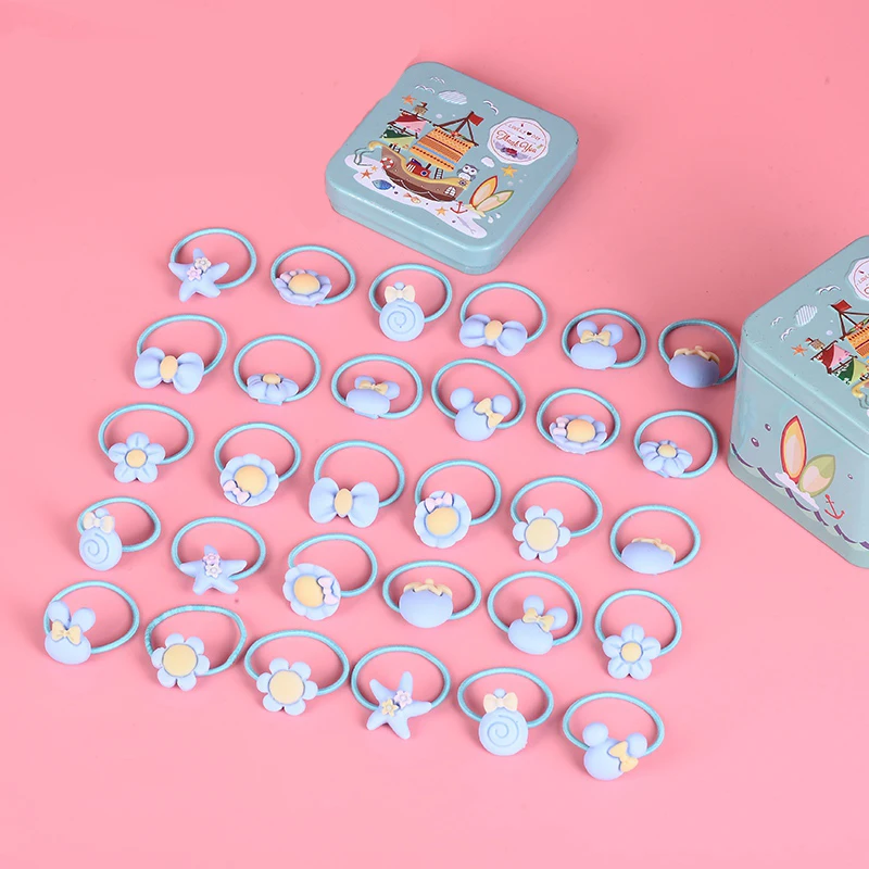 EASYA 30PCS/Box Cute Elastic Hair Rope Colorful Flower Starfish Lollipops Fruit Hair Rings Hairwear Accessories For Children