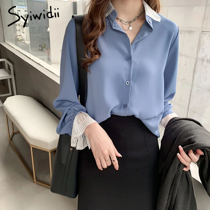

Chiffon Blouses Patchwork Lace Long Sleeve Shirt Women 2019 Spring New Fashion Sky Blue 4XL Plus Size Women Korean Blouse Shirts