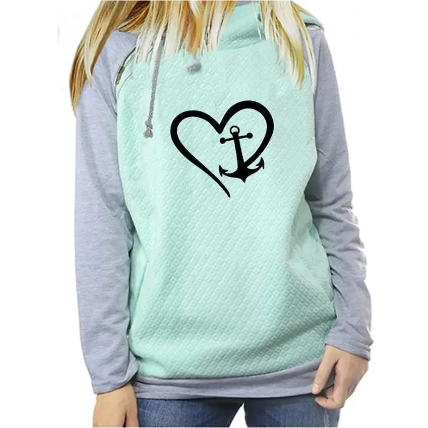 

For Women Heart Geometric Print Zipper Decoration Kawaii Sweatshirts Tops Femmes Girls Cute Clothings Hoody Plus Size Cropped