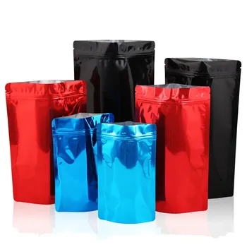 

Wholesale 50pcs Glossy Black/Red/Blue Aluminum Foil Ziplock Bag Doypack Chocolate Coffee Powder Tea Packaging Bag Waterproof Bag