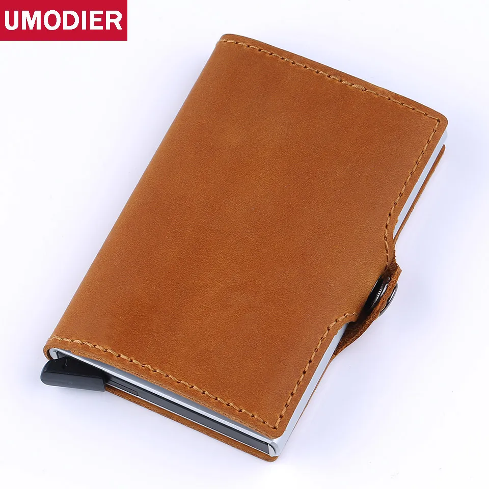 

UMODIER 2018 Men And Women Genuine Leather Business Credit Card Holder Purse RFID Slim Aluminium Card Case Automatic Pop Up