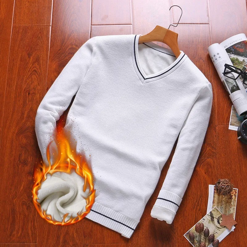 Varsanol хлопковый мужской свитер, толстые пуловеры, куртка с v-образным воротником, Зимние Повседневные свитера с длинным рукавом, вязанная однотонная одежда, Новинка - Цвет: white XMY1605
