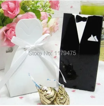 

200Pcs Tuxedo Dress Groom and Bride Wedding Favours Gift Boxes Ribbon Candy Box With Ribbons (50pairs) Type 2