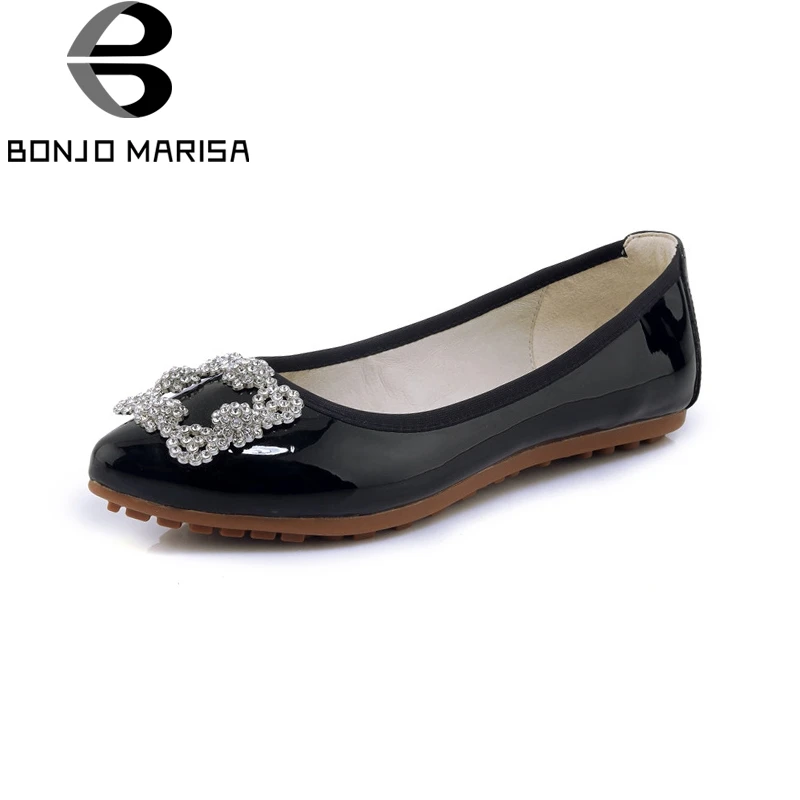 

BONJOMARISA New women's Patent Leather Flat Solid Shallow Crystal Pointed Toe Shoes Woman Casual Sweet Flats Red Big Size 34-40