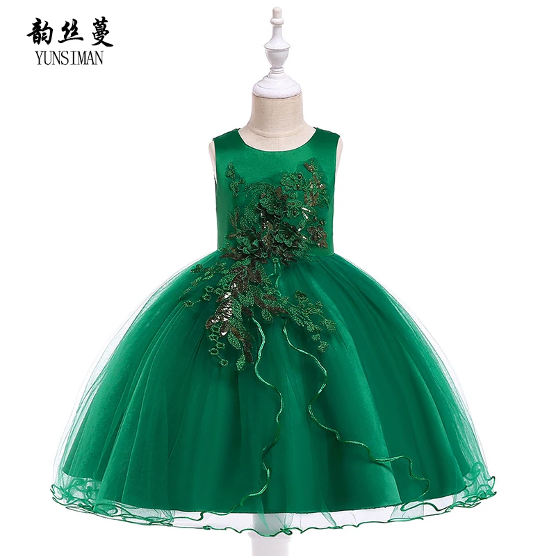 Одежда для маленьких девочек возрастом от 2 до 10 лет, новое зеленое платье принцессы с цветочной вышивкой детский наряд для дня рождения костюм для девочек, 6B3A