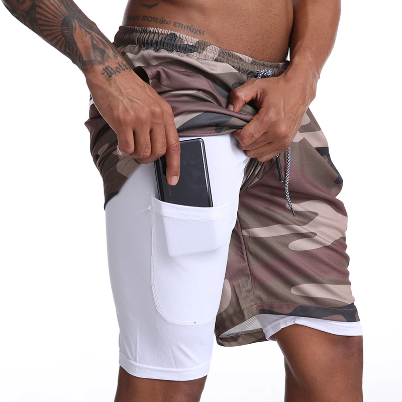 

GYMOHYEAH Camouflage Double-Deck Shorts Mens Fitness Bodybuilding Breathable Quick Drying Shorts Gyms Casual Joggers Shorts Men