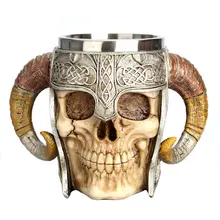 Stainless Steel 3D Skull Mug Viking Ram Horned Pit Lord Warrior Beer Stein Tankard Coffee Mug Tea Cup Halloween Bar Drinkware