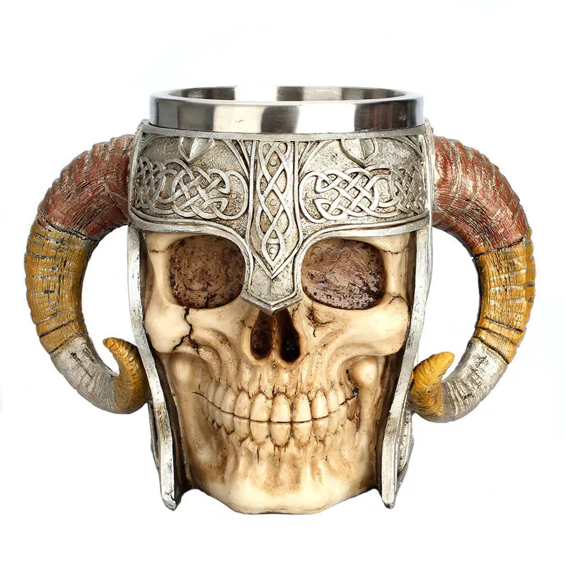 

Stainless Steel 3D Skull Mug Viking Ram Horned Pit Lord Warrior Beer Stein Tankard Coffee Mug Tea Cup Halloween Bar Drinkware