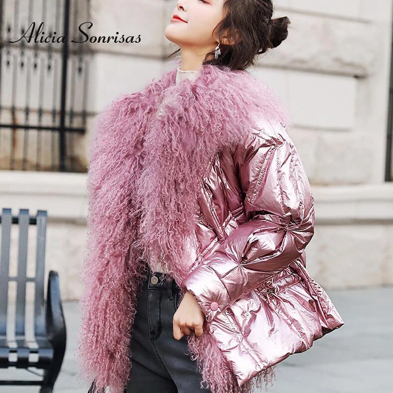 Beste 2019 Winter Jas Vrouwen Witte Eendendons Jassen Grote Natuurlijke Lam Bontkraag Losse Parka Bovenkleding Waterdichte Glossy Jassen