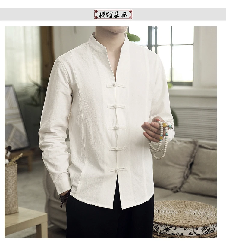 Sinicism Store Men Clothes Man Cotton Linen Casual White Shirts Long Sleeve Shirts Male Chinese Style Solid Shirts